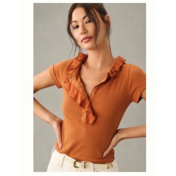 Anthropologie Pilcro Rust Ruffle Button Down Top sz 2X EUC - Picture 1 of 7